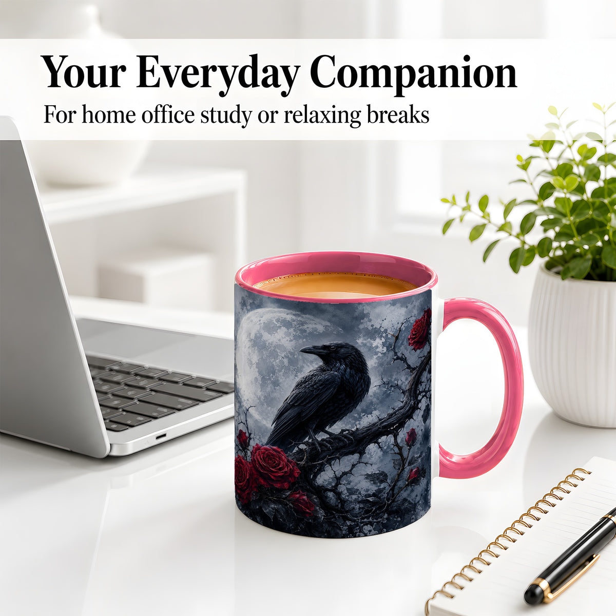 #pl[11oz|Pink] Gothic Raven Rose Ceramic Mug, Full Moon Floral Art for Raven Fans