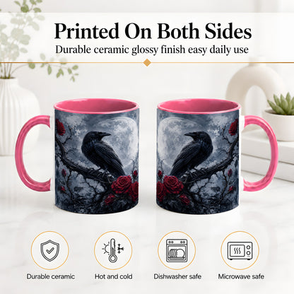 #pl[11oz|Pink] Gothic Raven Rose Ceramic Mug, Full Moon Floral Art for Raven Fans