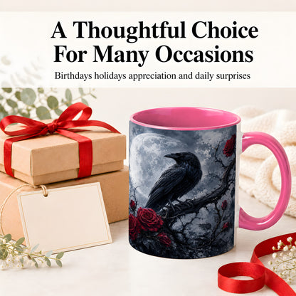 #pl[11oz|Pink] Gothic Raven Rose Ceramic Mug, Full Moon Floral Art for Raven Fans