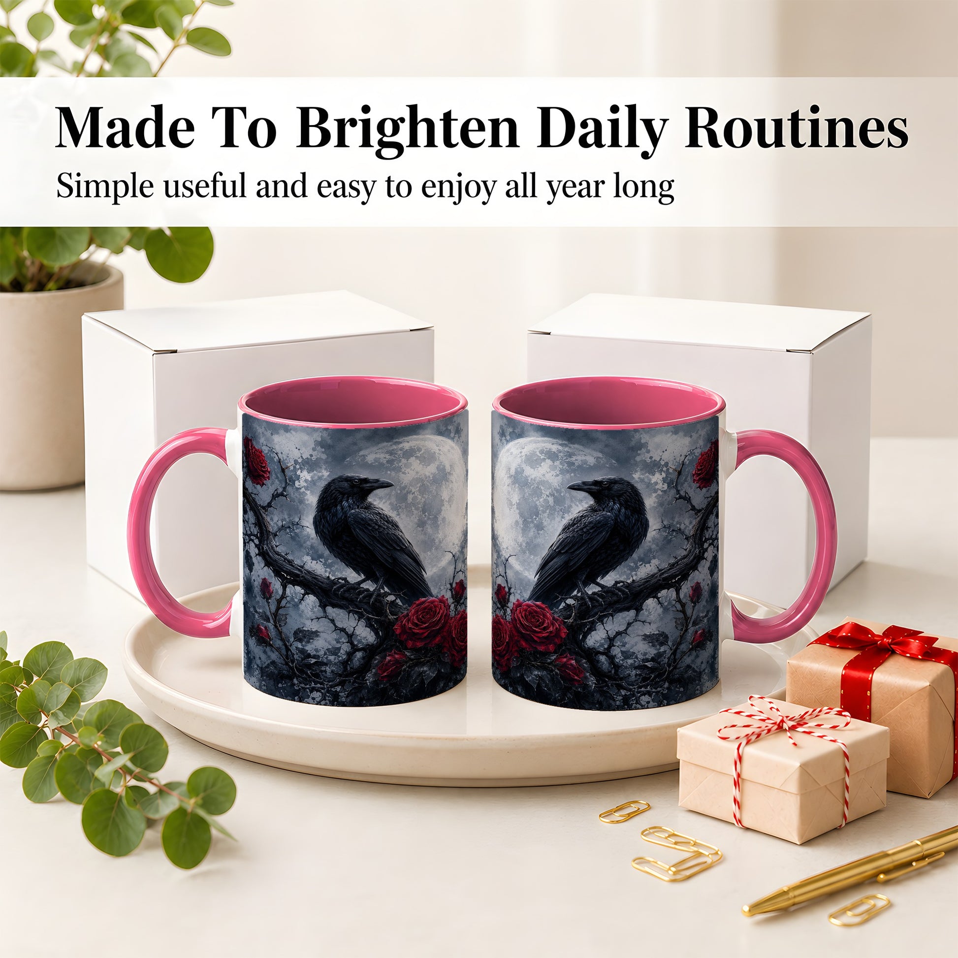 #pl[11oz|Pink] Gothic Raven Rose Ceramic Mug, Full Moon Floral Art for Raven Fans
