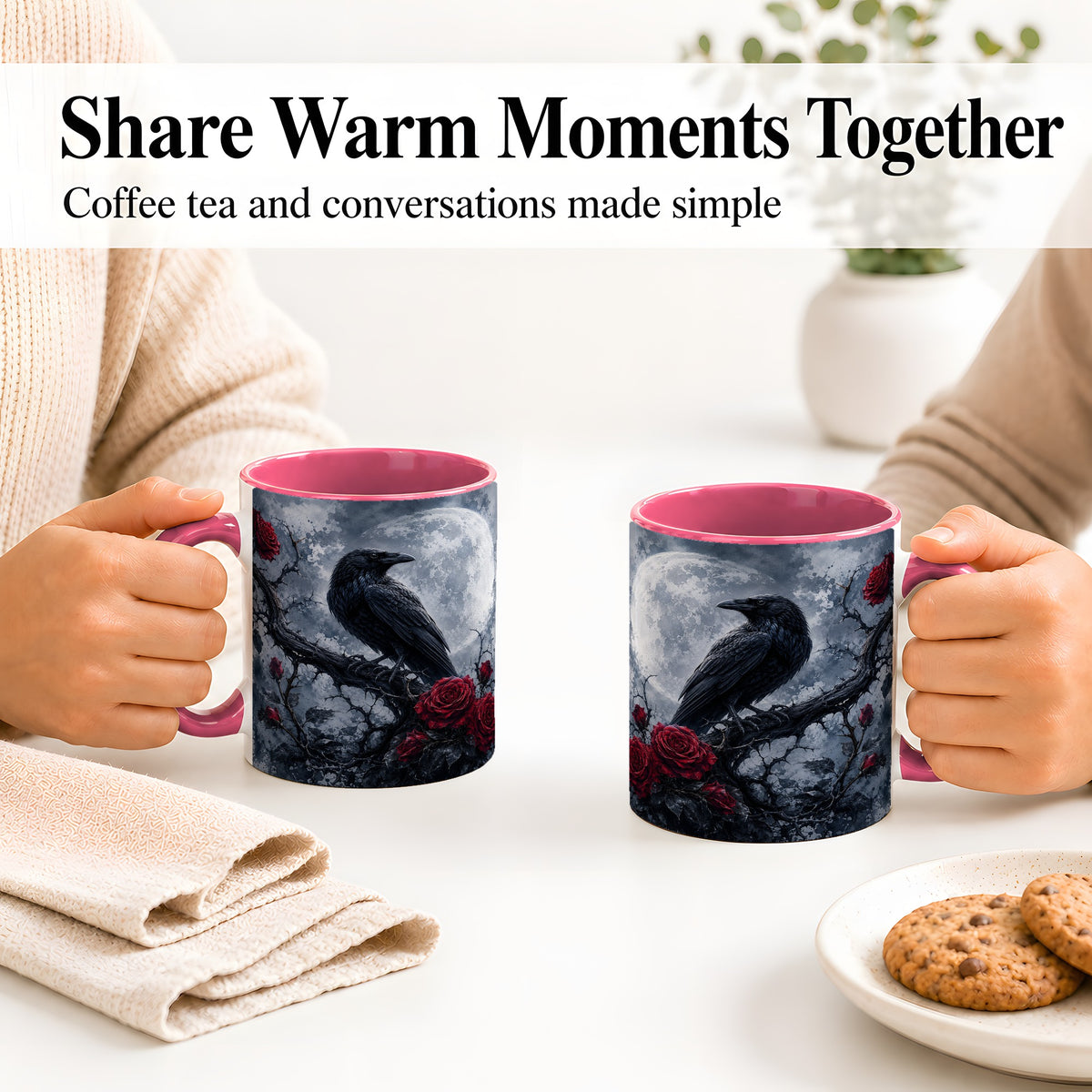 #pl[11oz|Pink] Gothic Raven Rose Ceramic Mug, Full Moon Floral Art for Raven Fans