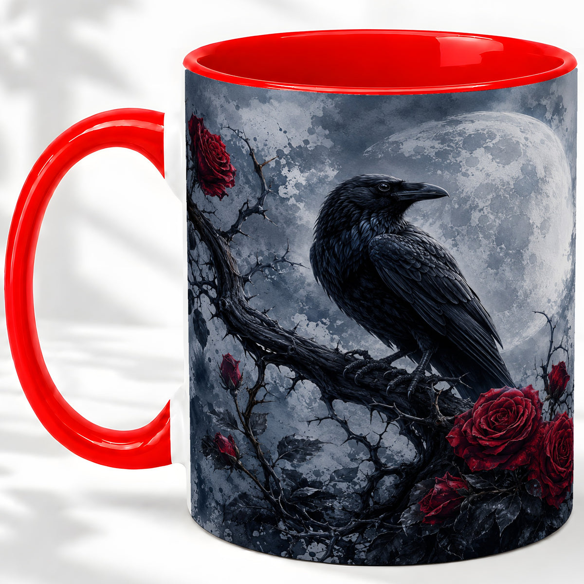 Gothic Raven Rose Ceramic Mug, Full Moon Floral Art for Raven Fans