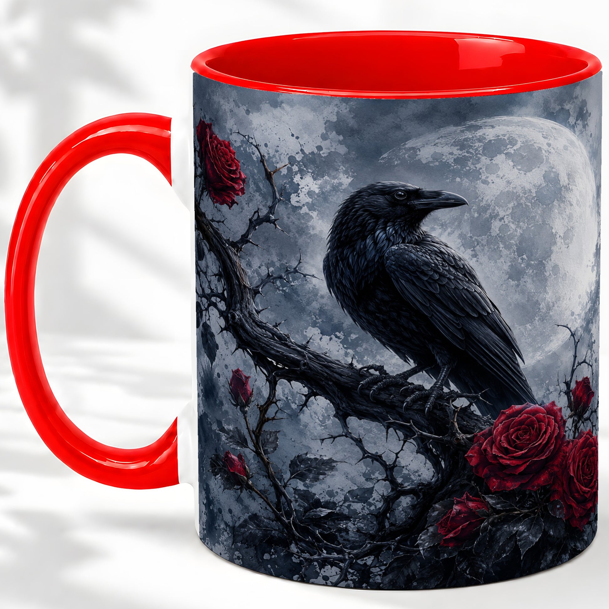 Gothic Raven Rose Ceramic Mug, Full Moon Floral Art for Raven Fans