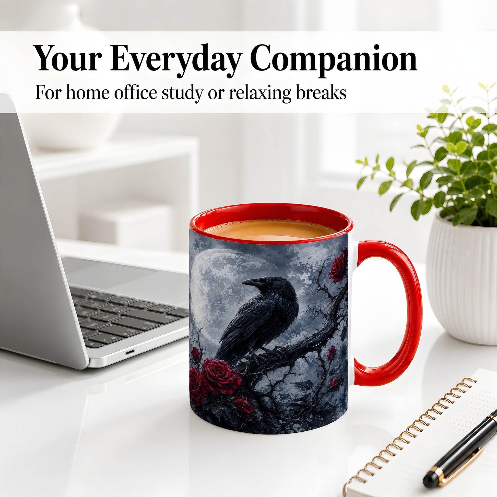 #pl[11oz|Red] Gothic Raven Rose Ceramic Mug, Full Moon Floral Art for Raven Fans