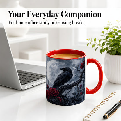 #pl[11oz|Red] Gothic Raven Rose Ceramic Mug, Full Moon Floral Art for Raven Fans