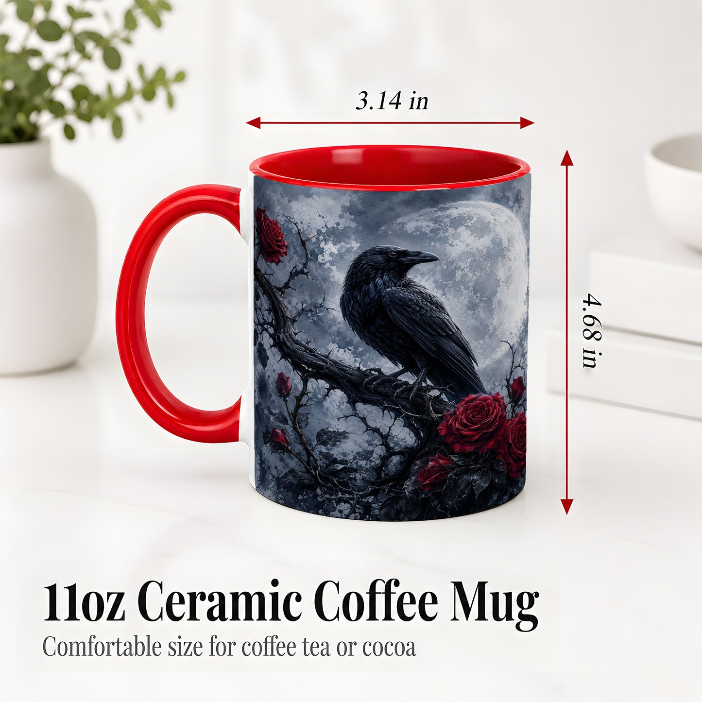 #pl[11oz|Red] Gothic Raven Rose Ceramic Mug, Full Moon Floral Art for Raven Fans