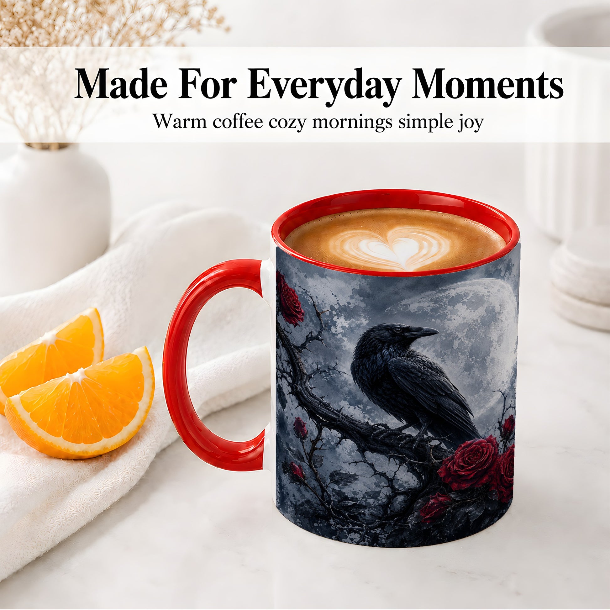 #pl[11oz|Red] Gothic Raven Rose Ceramic Mug, Full Moon Floral Art for Raven Fans