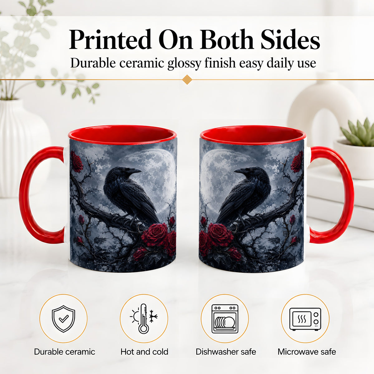 #pl[11oz|Red] Gothic Raven Rose Ceramic Mug, Full Moon Floral Art for Raven Fans