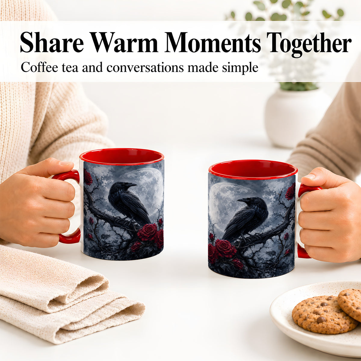 #pl[11oz|Red] Gothic Raven Rose Ceramic Mug, Full Moon Floral Art for Raven Fans