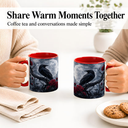 #pl[11oz|Red] Gothic Raven Rose Ceramic Mug, Full Moon Floral Art for Raven Fans