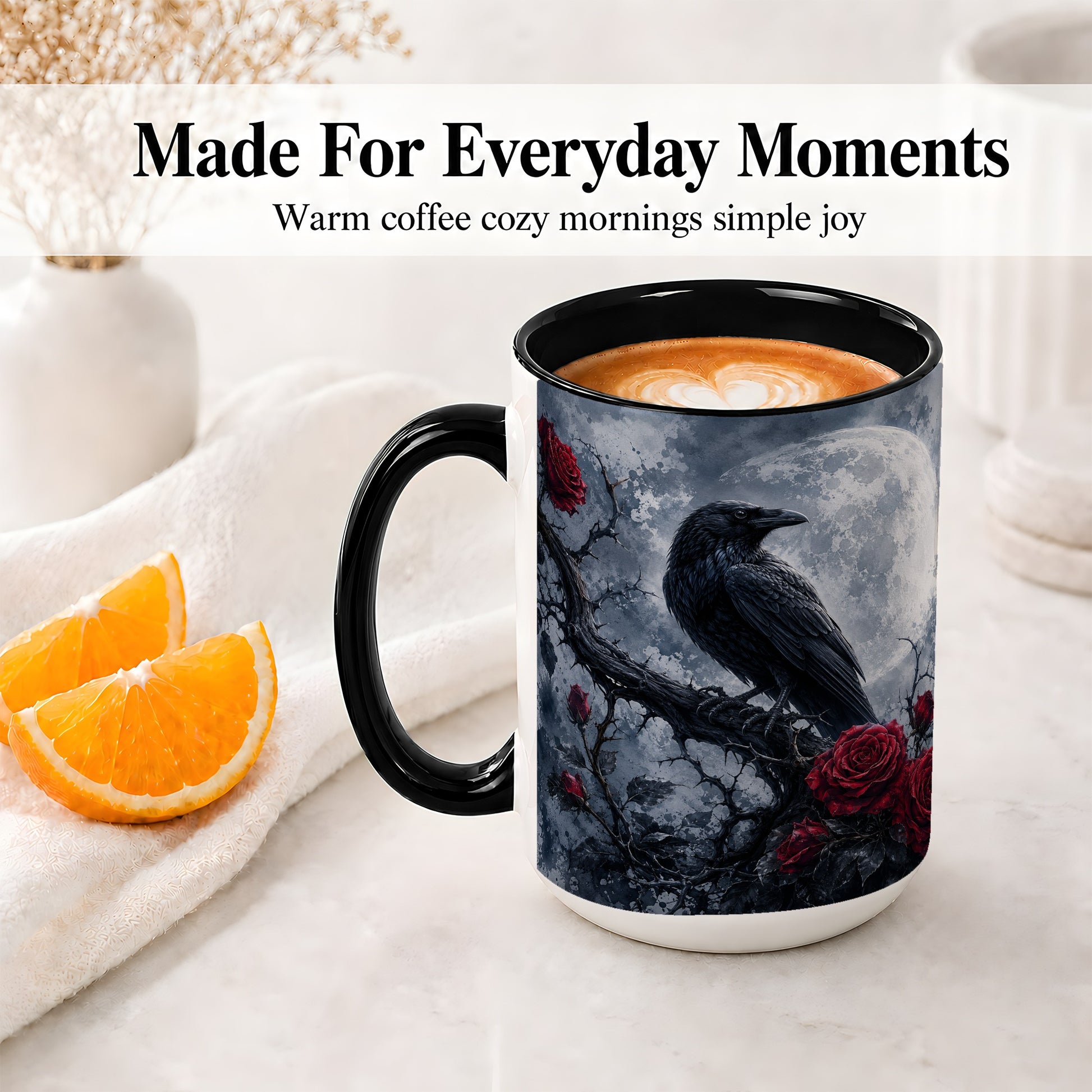 #pl[15oz|Black] Gothic Raven Rose Ceramic Mug, Full Moon Floral Art for Raven Fans