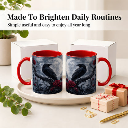 #pl[11oz|Red] Gothic Raven Rose Ceramic Mug, Full Moon Floral Art for Raven Fans