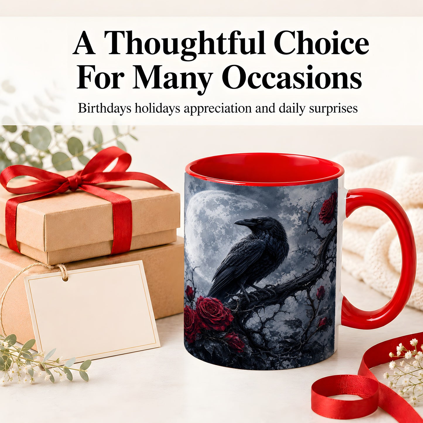 #pl[11oz|Red] Gothic Raven Rose Ceramic Mug, Full Moon Floral Art for Raven Fans