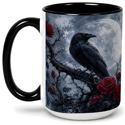 #pl[15oz|Black] Gothic Raven Rose Ceramic Mug, Full Moon Floral Art for Raven Fans