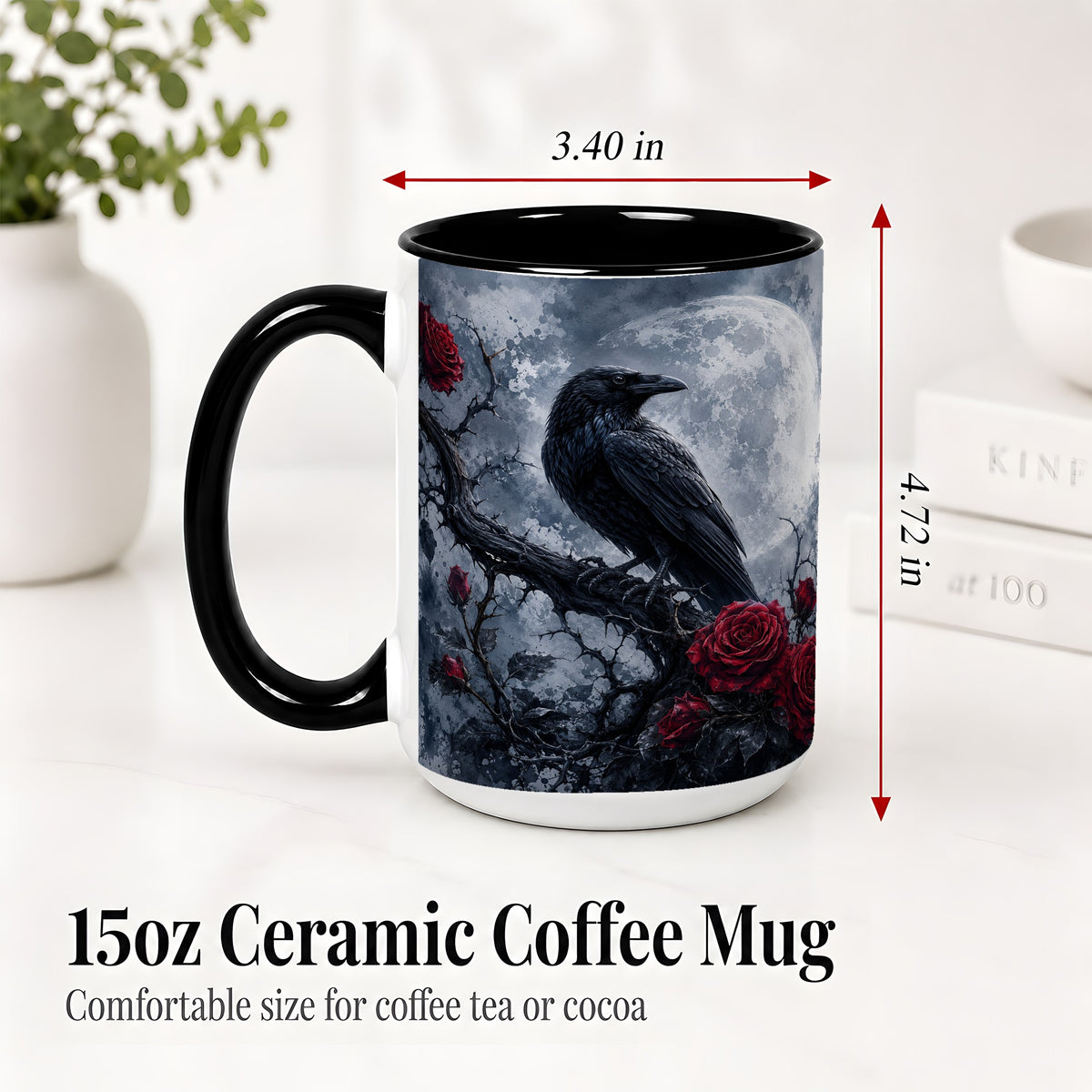 #pl[15oz|Black] Gothic Raven Rose Ceramic Mug, Full Moon Floral Art for Raven Fans