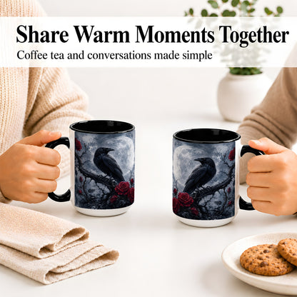 #pl[15oz|Black] Gothic Raven Rose Ceramic Mug, Full Moon Floral Art for Raven Fans