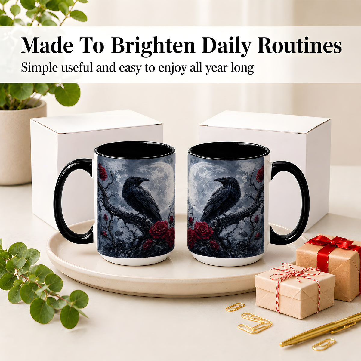 #pl[15oz|Black] Gothic Raven Rose Ceramic Mug, Full Moon Floral Art for Raven Fans