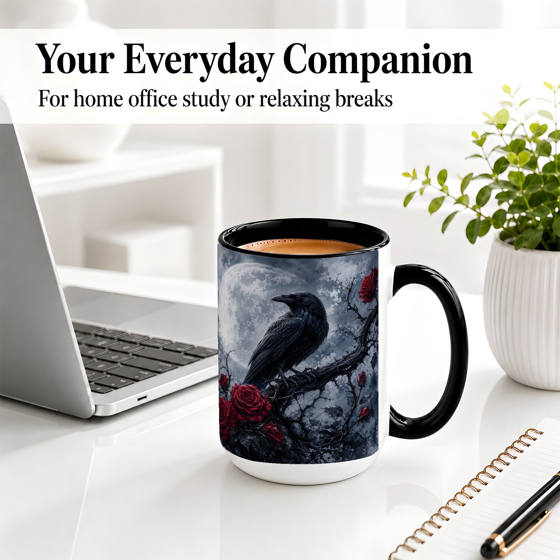 #pl[15oz|Black] Gothic Raven Rose Ceramic Mug, Full Moon Floral Art for Raven Fans