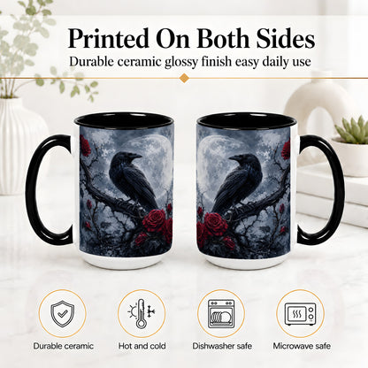 #pl[15oz|Black] Gothic Raven Rose Ceramic Mug, Full Moon Floral Art for Raven Fans