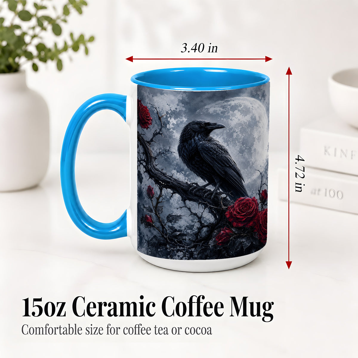 #pl[15oz|Blue] Gothic Raven Rose Ceramic Mug, Full Moon Floral Art for Raven Fans