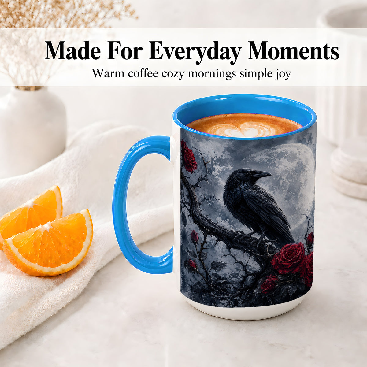 #pl[15oz|Blue] Gothic Raven Rose Ceramic Mug, Full Moon Floral Art for Raven Fans
