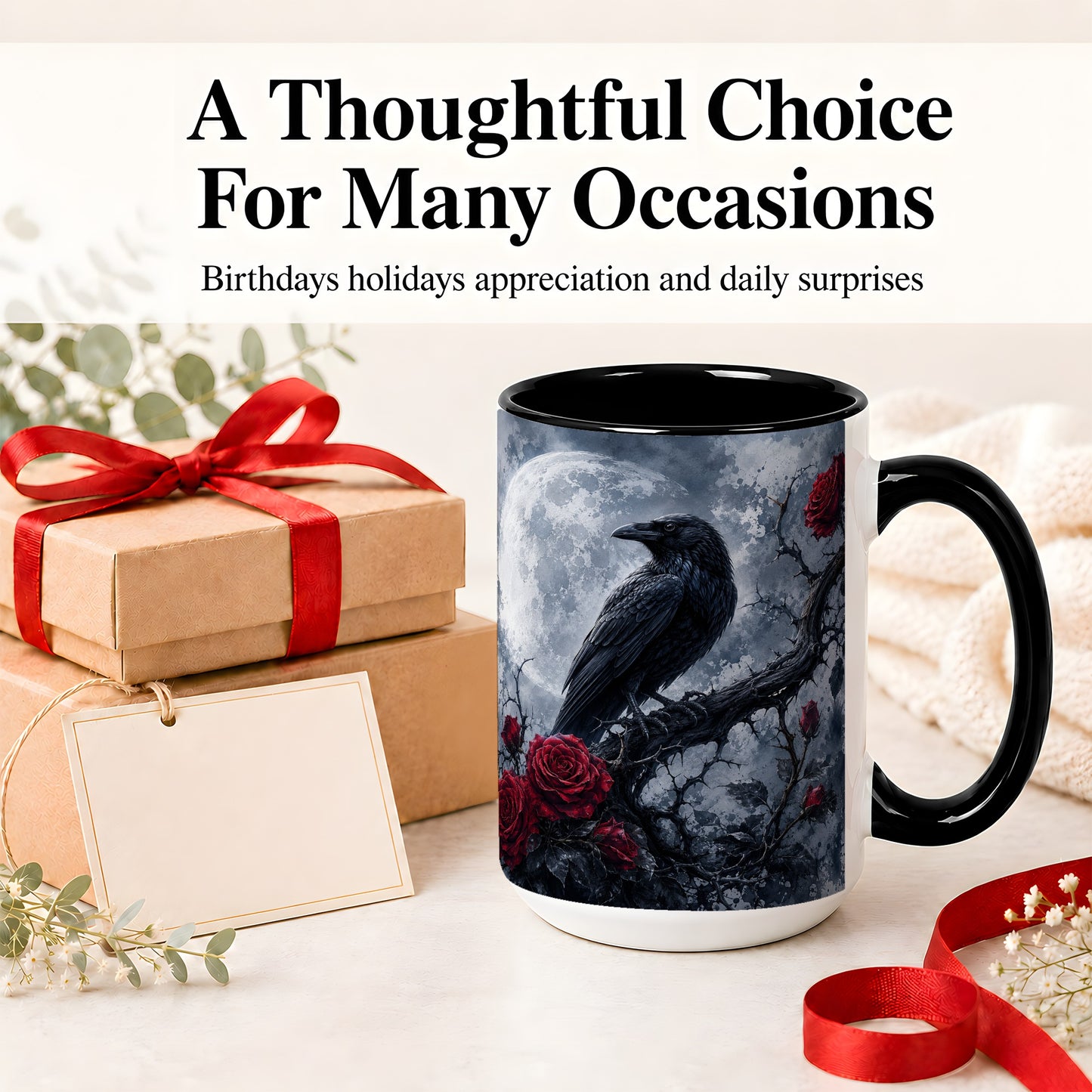 #pl[15oz|Black] Gothic Raven Rose Ceramic Mug, Full Moon Floral Art for Raven Fans