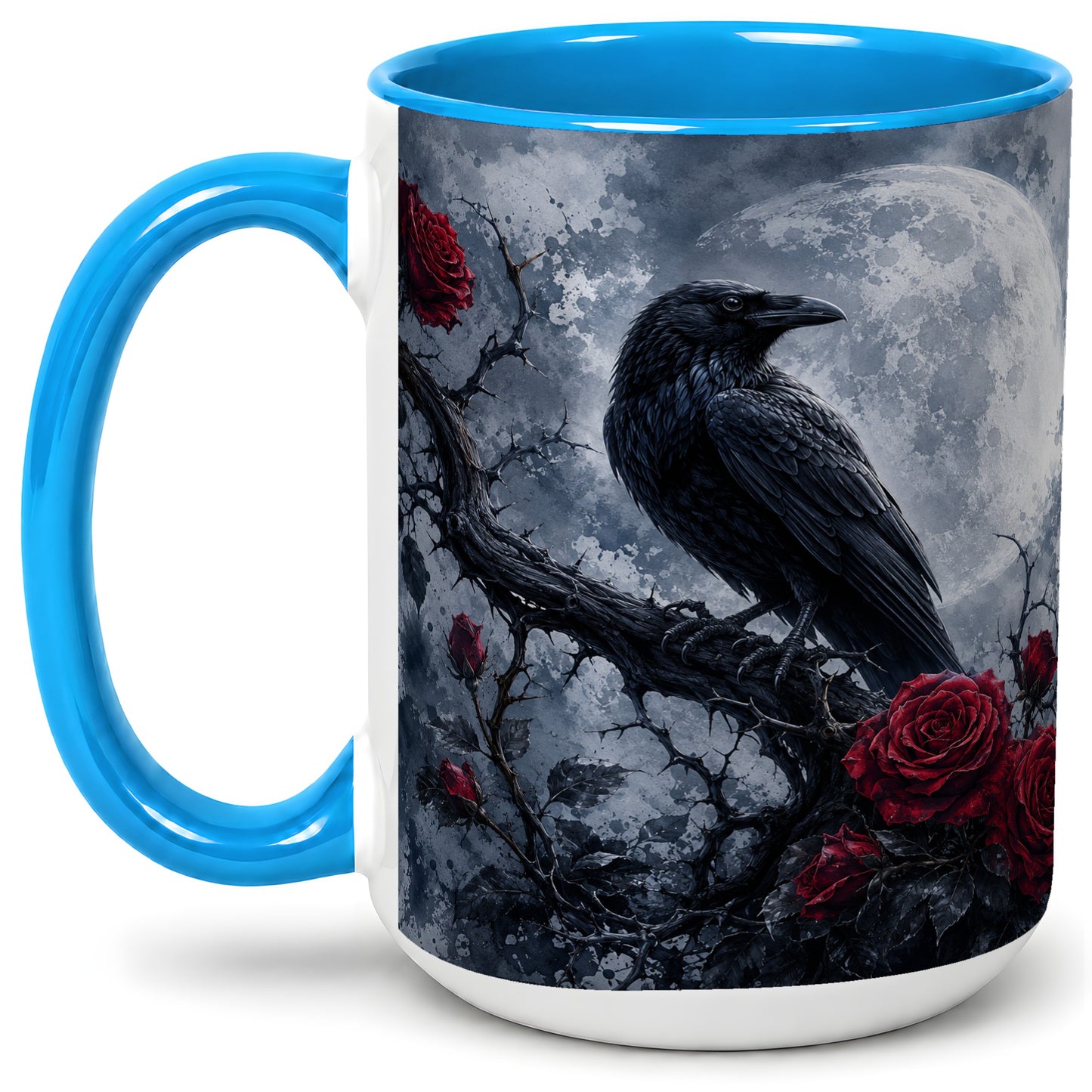#pl[15oz|Blue] Gothic Raven Rose Ceramic Mug, Full Moon Floral Art for Raven Fans