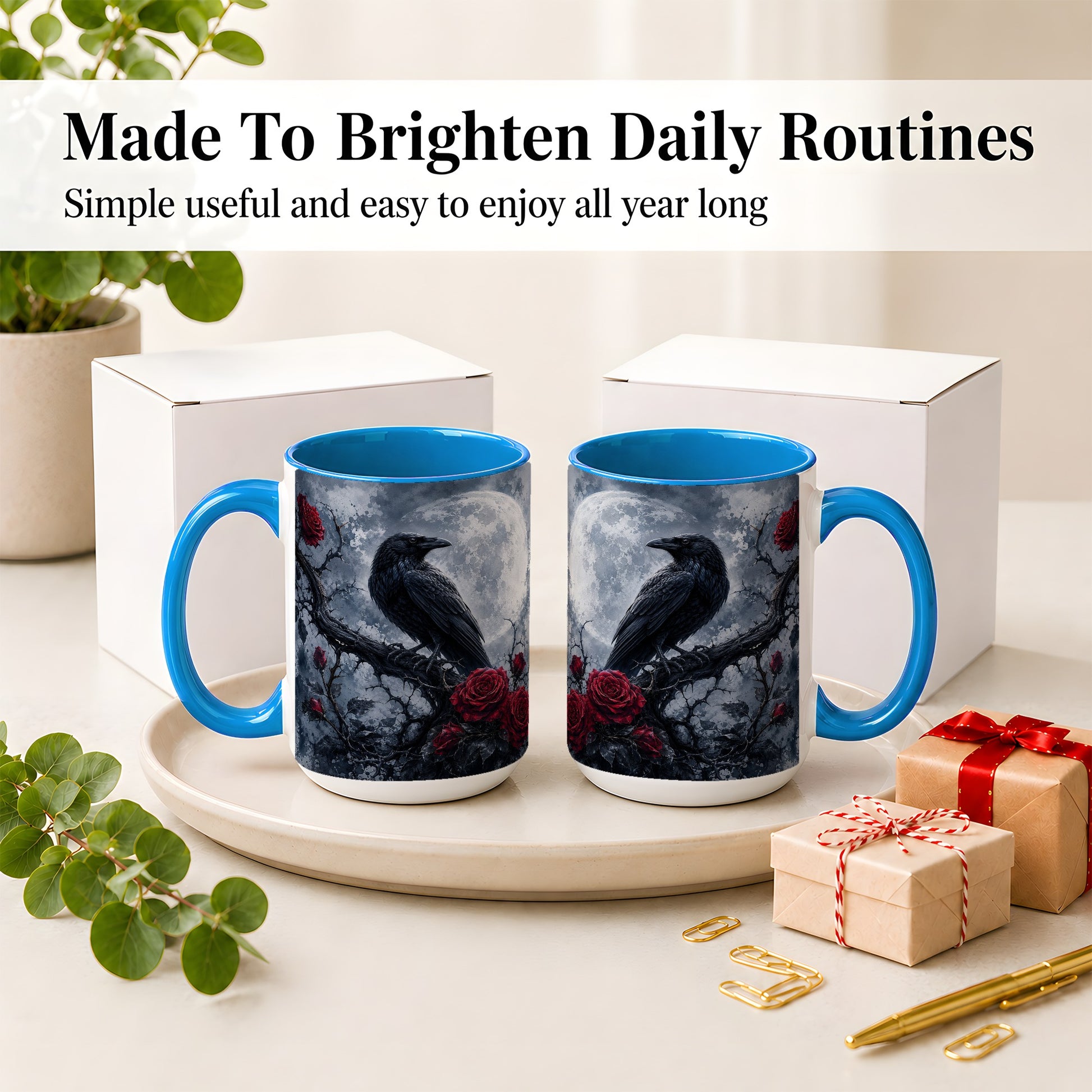 #pl[15oz|Blue] Gothic Raven Rose Ceramic Mug, Full Moon Floral Art for Raven Fans
