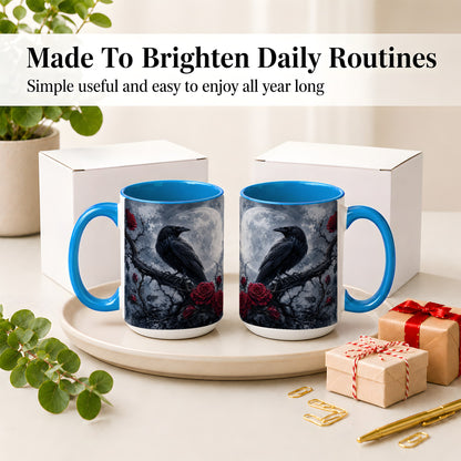#pl[15oz|Blue] Gothic Raven Rose Ceramic Mug, Full Moon Floral Art for Raven Fans