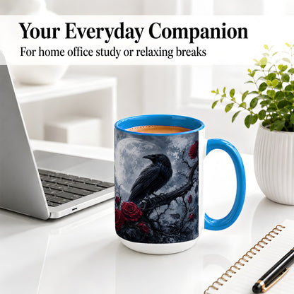 #pl[15oz|Blue] Gothic Raven Rose Ceramic Mug, Full Moon Floral Art for Raven Fans