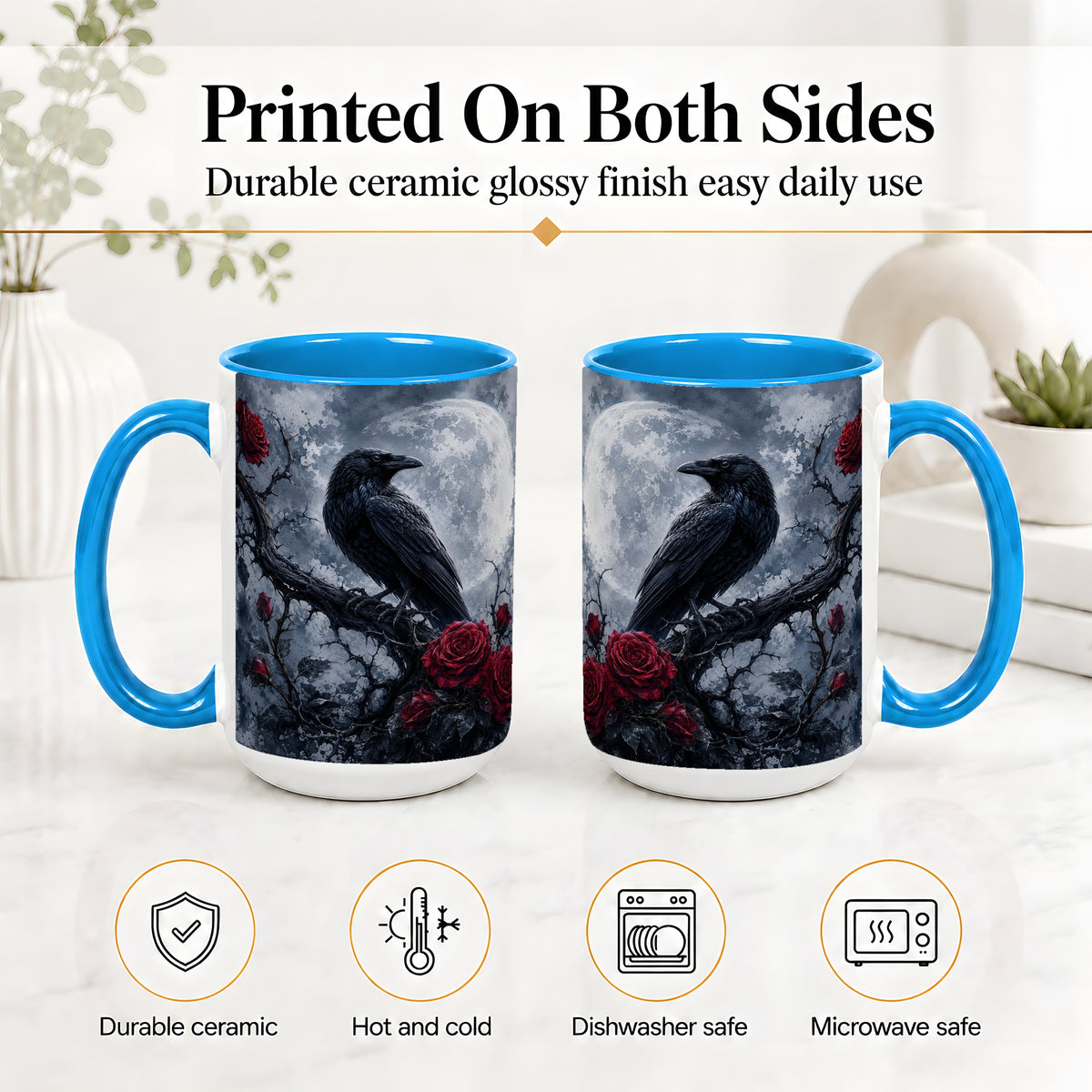 #pl[15oz|Blue] Gothic Raven Rose Ceramic Mug, Full Moon Floral Art for Raven Fans