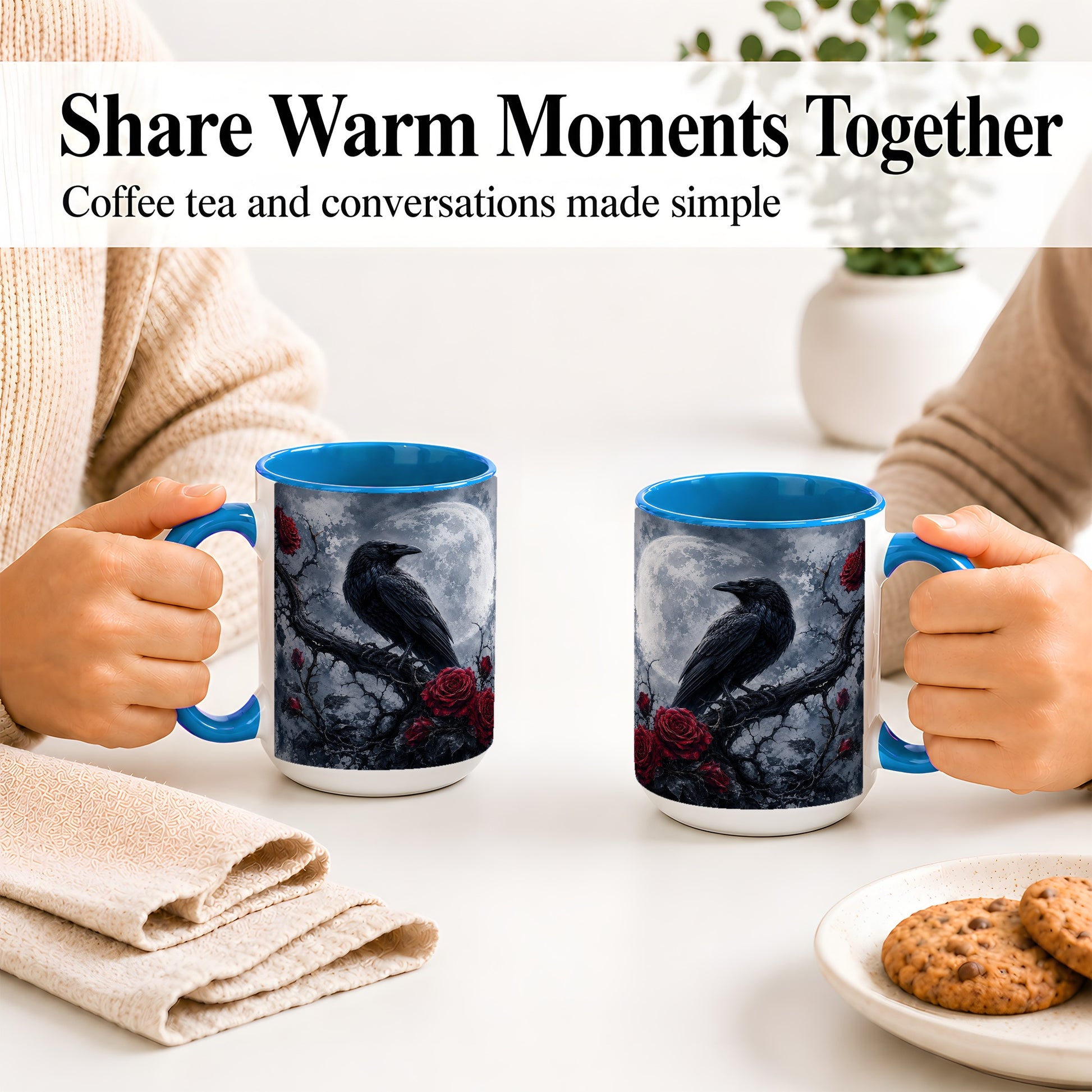 #pl[15oz|Blue] Gothic Raven Rose Ceramic Mug, Full Moon Floral Art for Raven Fans