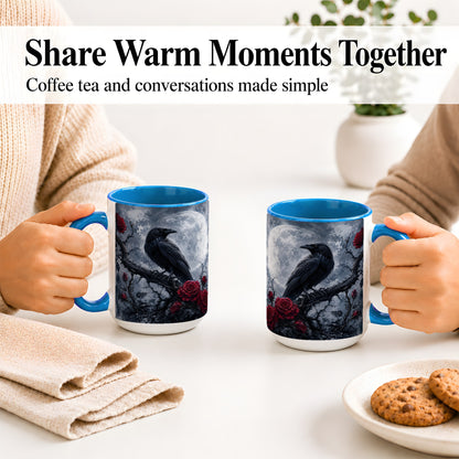 #pl[15oz|Blue] Gothic Raven Rose Ceramic Mug, Full Moon Floral Art for Raven Fans