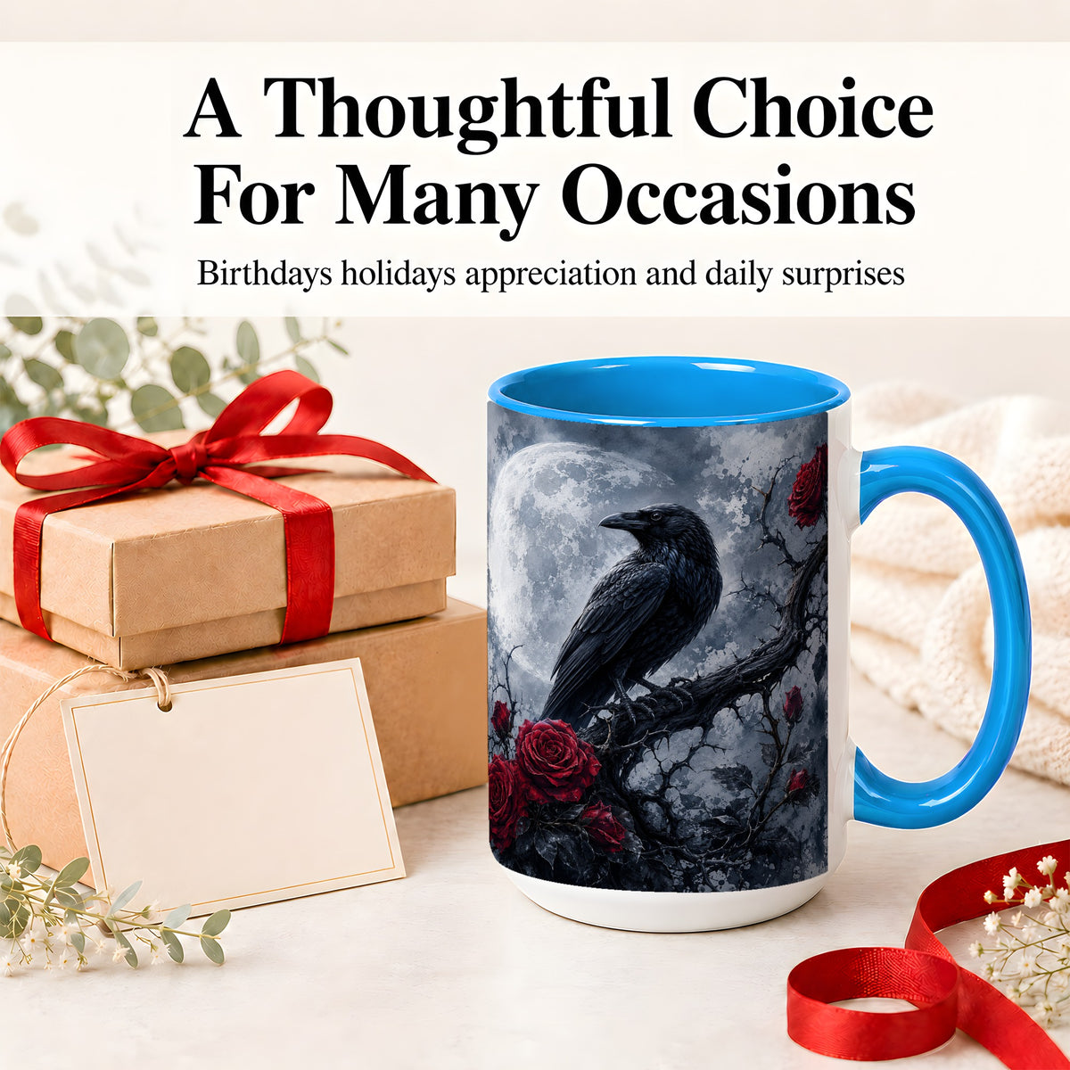 #pl[15oz|Blue] Gothic Raven Rose Ceramic Mug, Full Moon Floral Art for Raven Fans