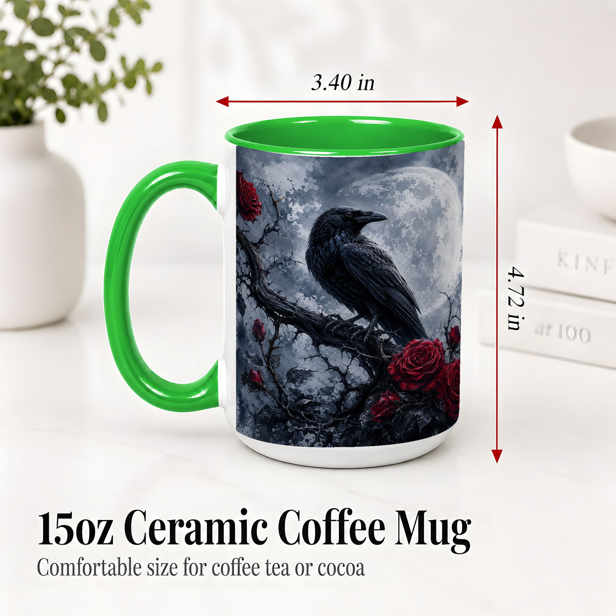 #pl[15oz|Green] Gothic Raven Rose Ceramic Mug, Full Moon Floral Art for Raven Fans