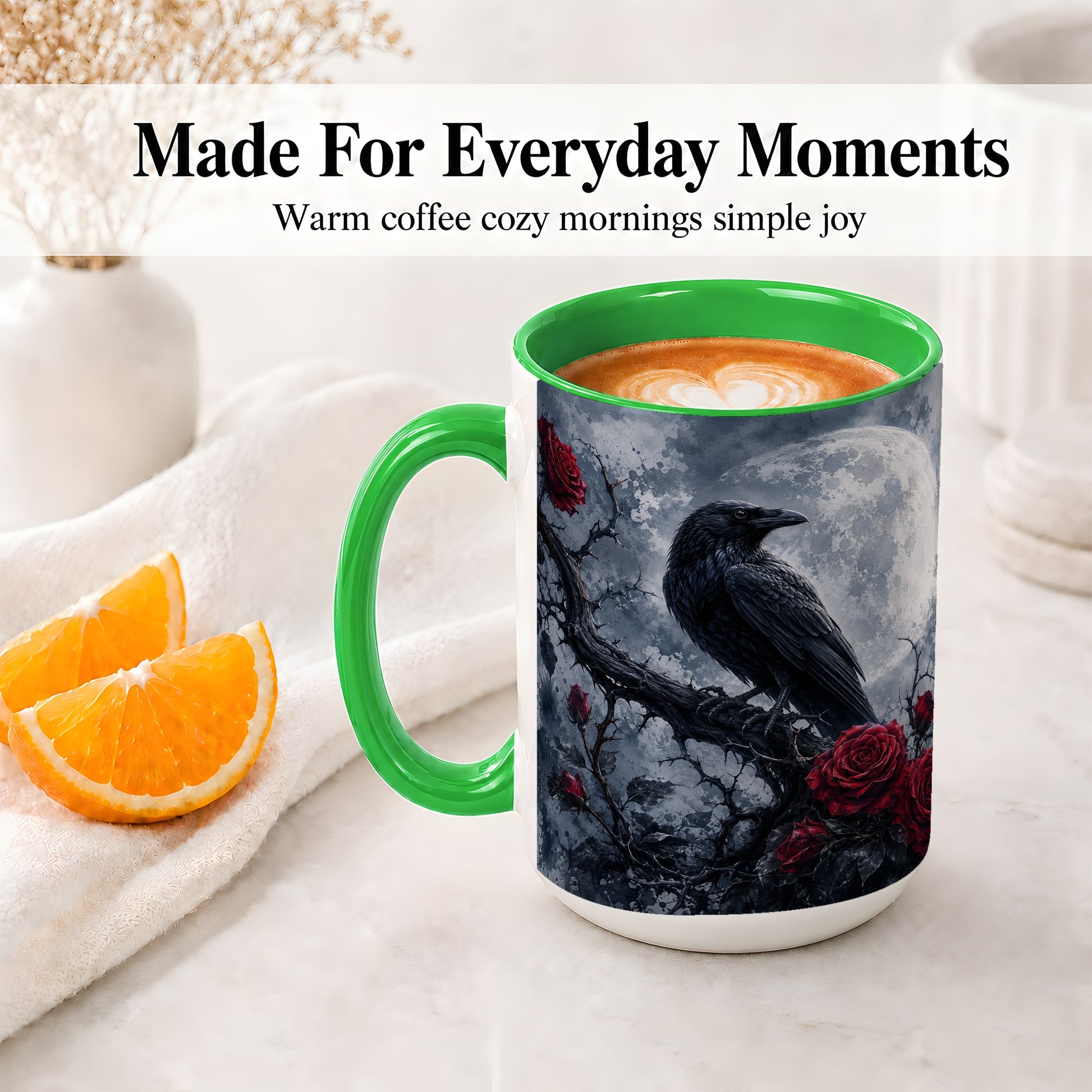 #pl[15oz|Green] Gothic Raven Rose Ceramic Mug, Full Moon Floral Art for Raven Fans