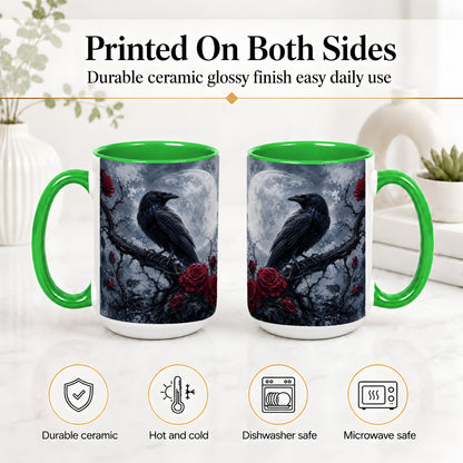 #pl[15oz|Green] Gothic Raven Rose Ceramic Mug, Full Moon Floral Art for Raven Fans
