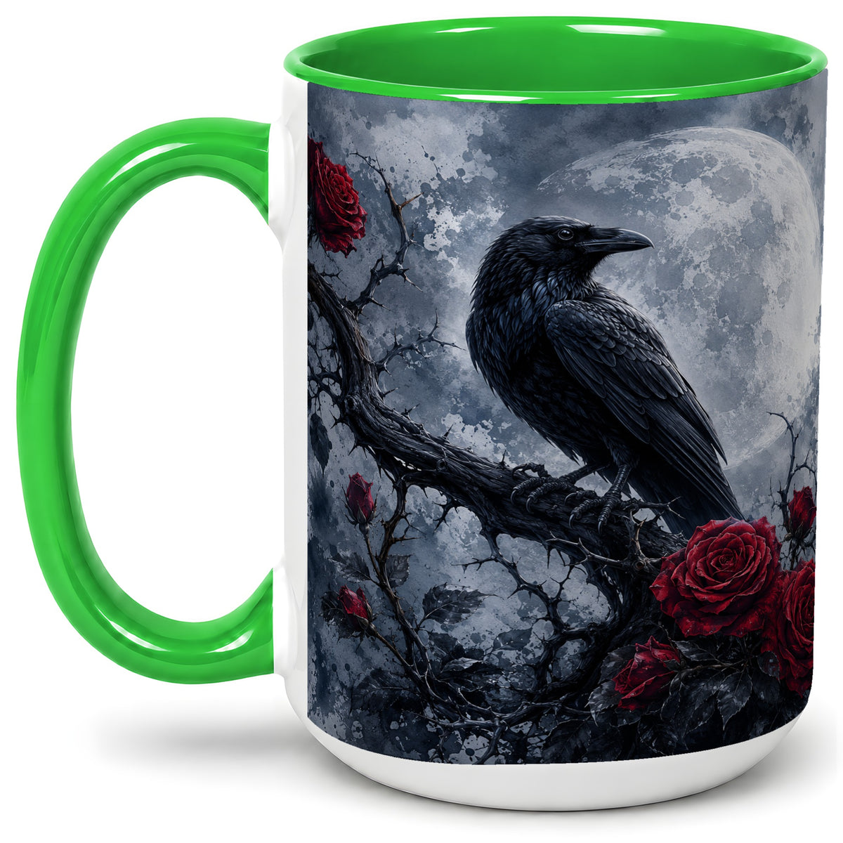 #pl[15oz|Green] Gothic Raven Rose Ceramic Mug, Full Moon Floral Art for Raven Fans