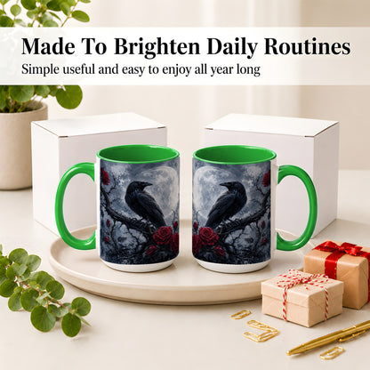 #pl[15oz|Green] Gothic Raven Rose Ceramic Mug, Full Moon Floral Art for Raven Fans