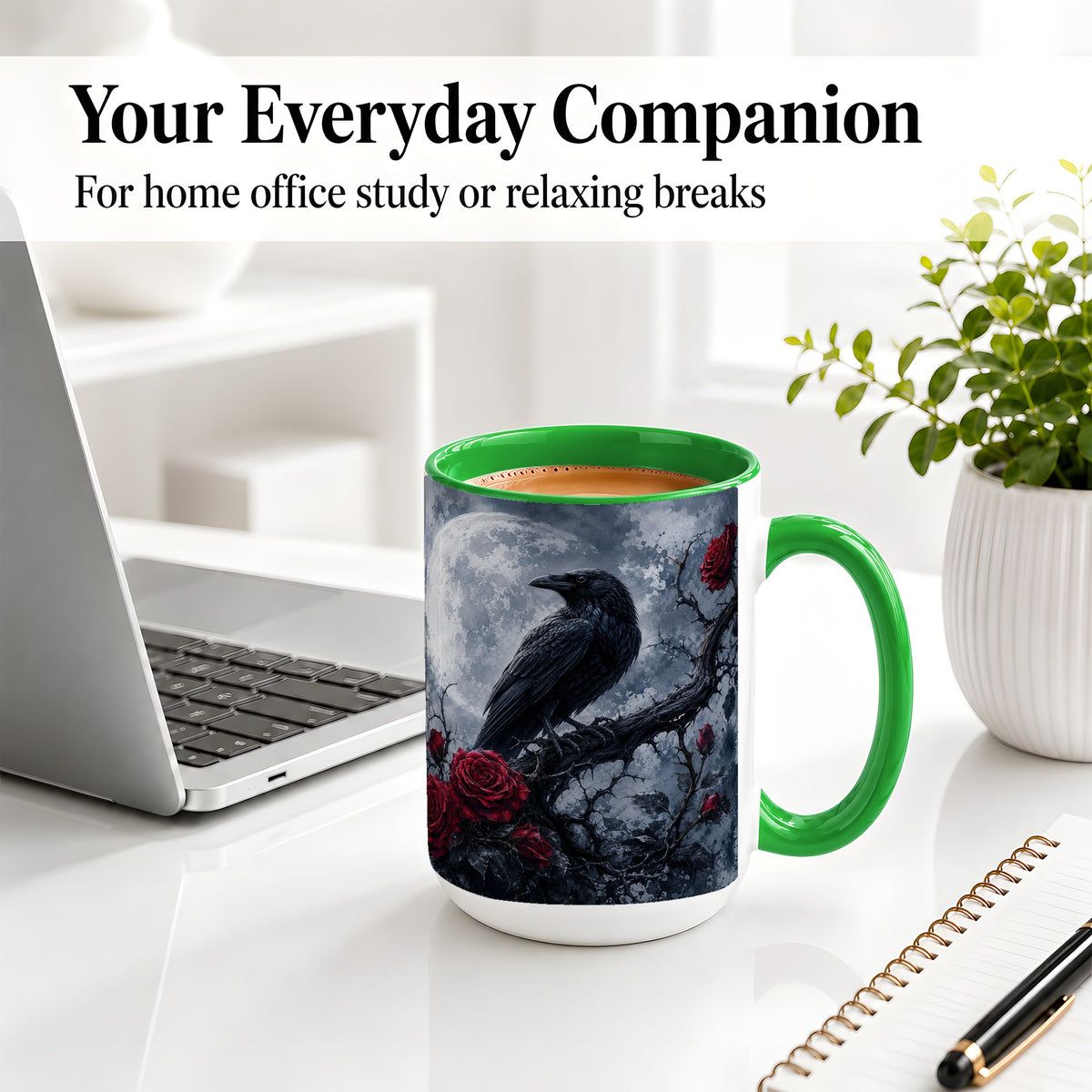 #pl[15oz|Green] Gothic Raven Rose Ceramic Mug, Full Moon Floral Art for Raven Fans