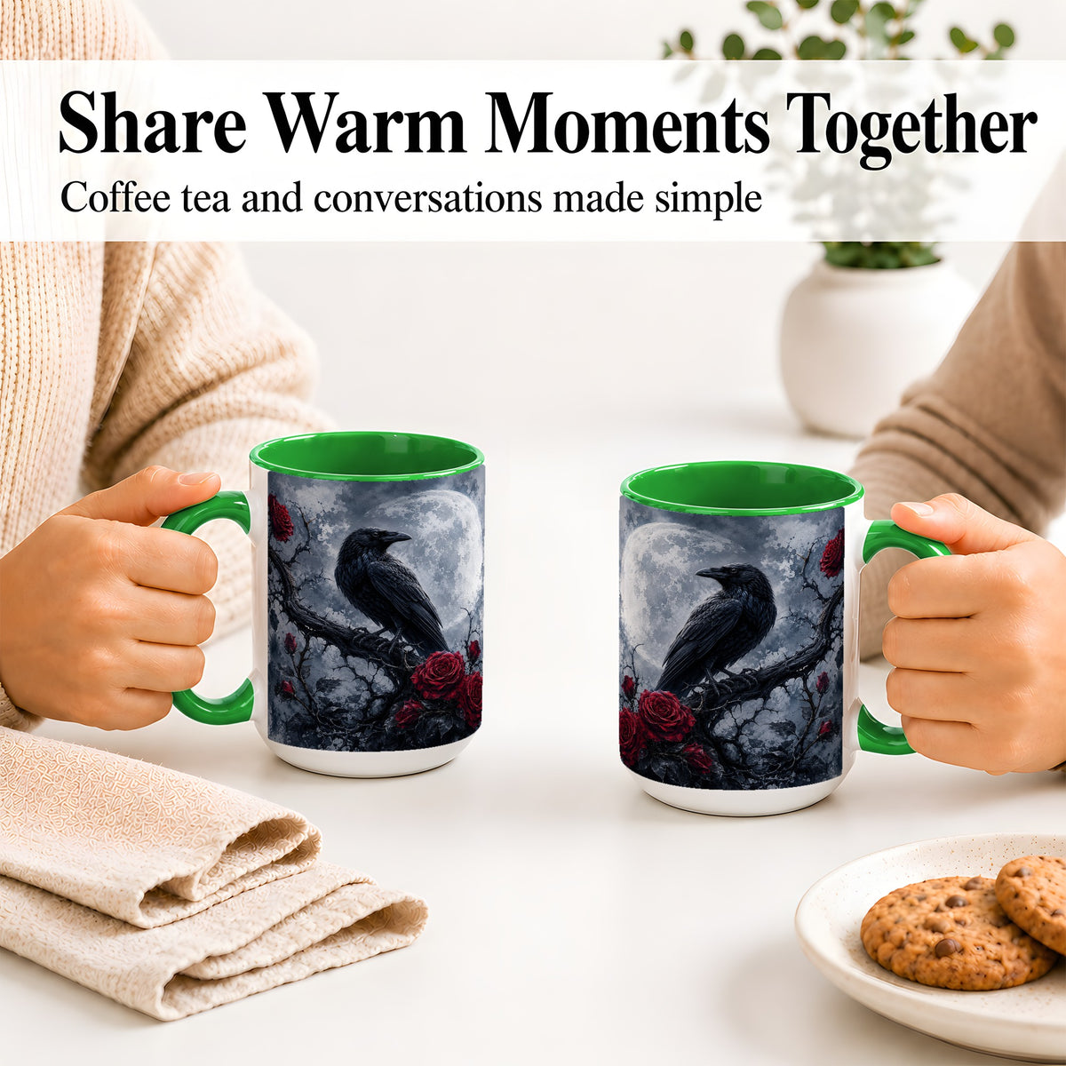 #pl[15oz|Green] Gothic Raven Rose Ceramic Mug, Full Moon Floral Art for Raven Fans