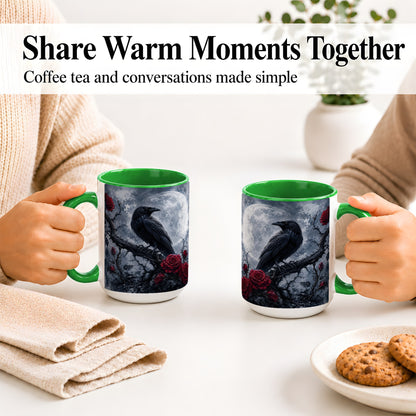 #pl[15oz|Green] Gothic Raven Rose Ceramic Mug, Full Moon Floral Art for Raven Fans