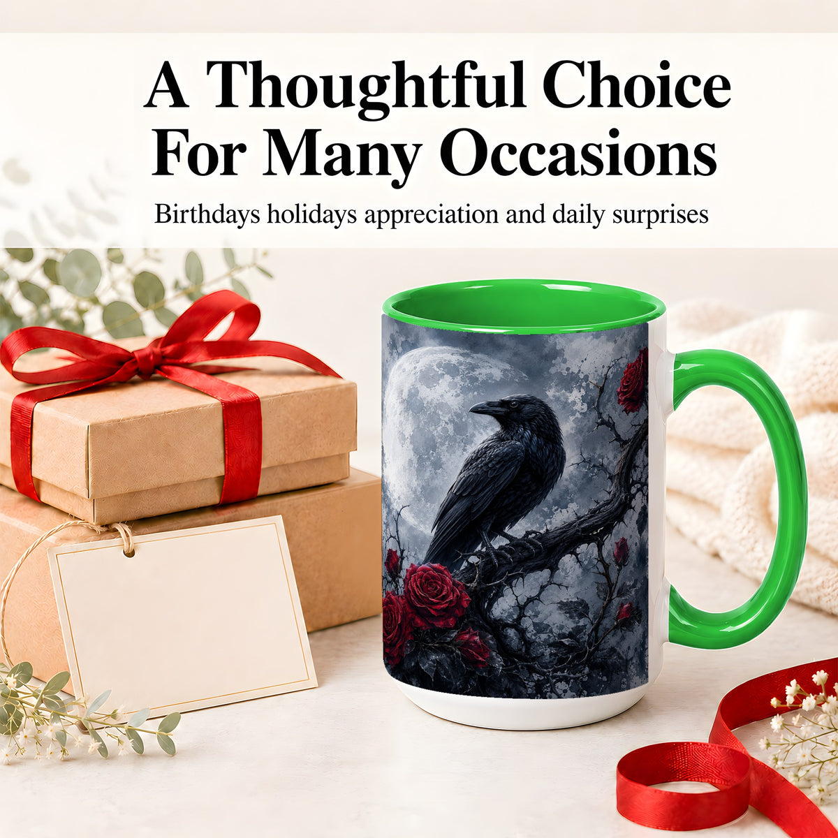 #pl[15oz|Green] Gothic Raven Rose Ceramic Mug, Full Moon Floral Art for Raven Fans