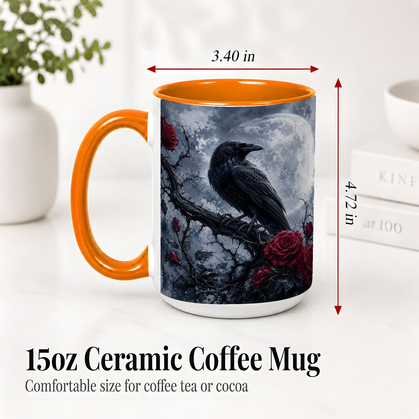 #pl[15oz|Orange] Gothic Raven Rose Ceramic Mug, Full Moon Floral Art for Raven Fans