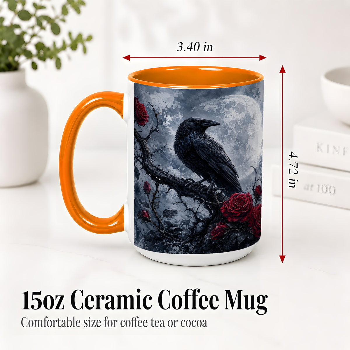 #pl[15oz|Orange] Gothic Raven Rose Ceramic Mug, Full Moon Floral Art for Raven Fans