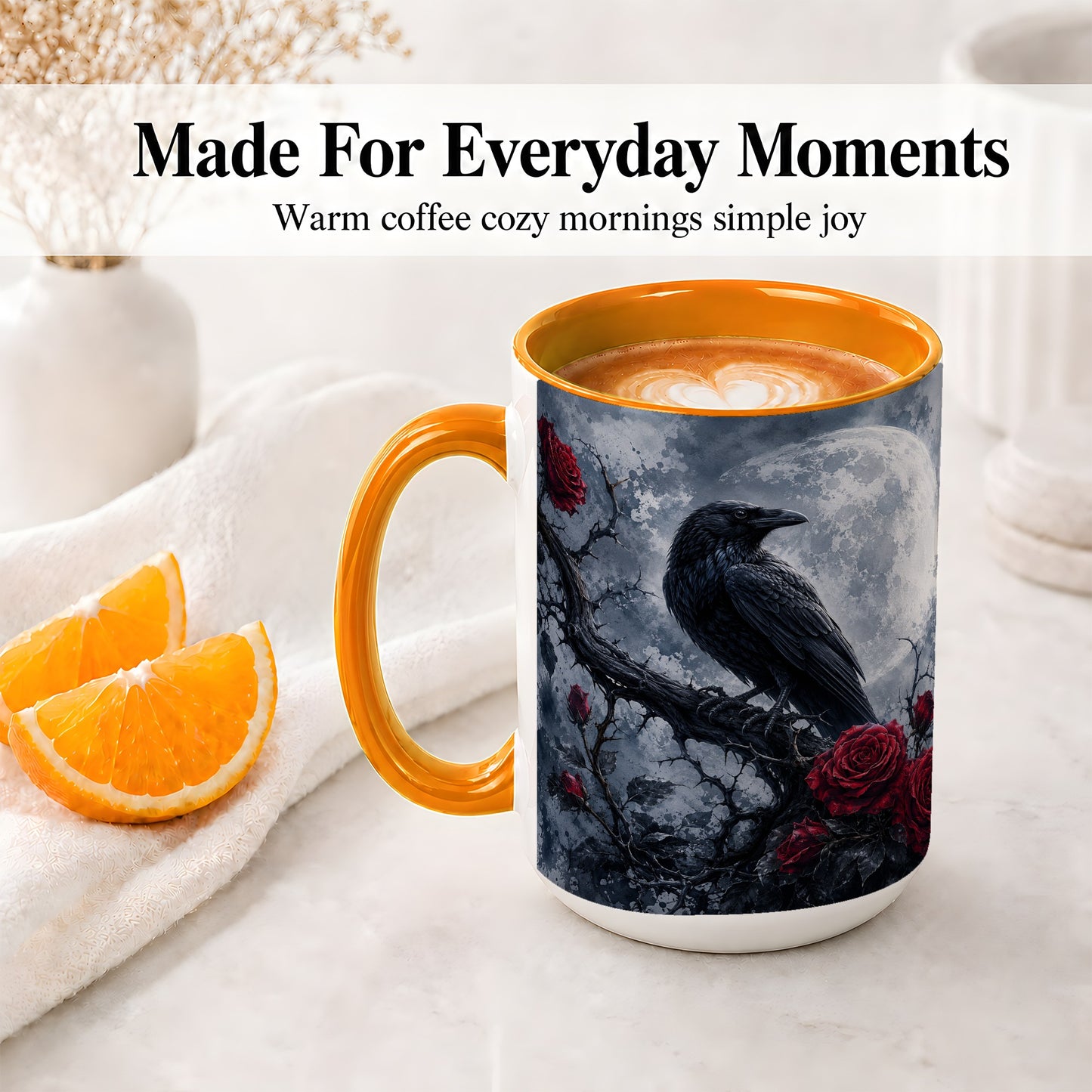 #pl[15oz|Orange] Gothic Raven Rose Ceramic Mug, Full Moon Floral Art for Raven Fans