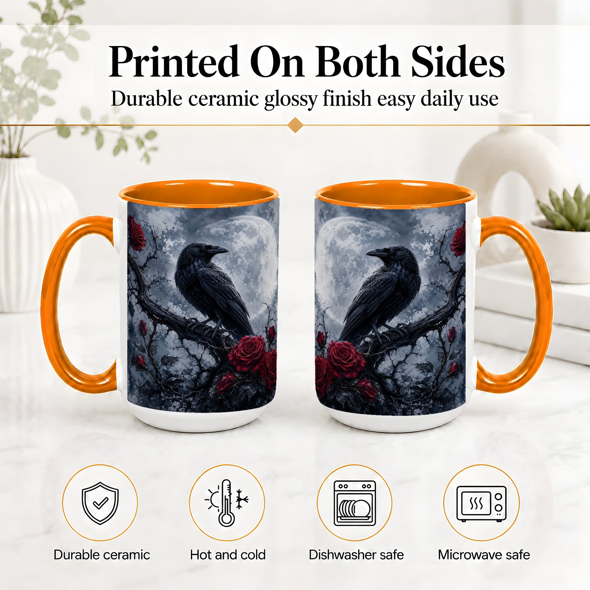 #pl[15oz|Orange] Gothic Raven Rose Ceramic Mug, Full Moon Floral Art for Raven Fans