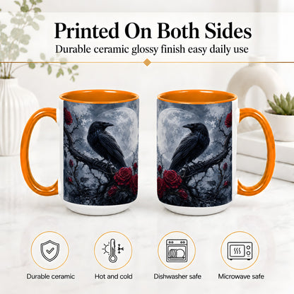 #pl[15oz|Orange] Gothic Raven Rose Ceramic Mug, Full Moon Floral Art for Raven Fans