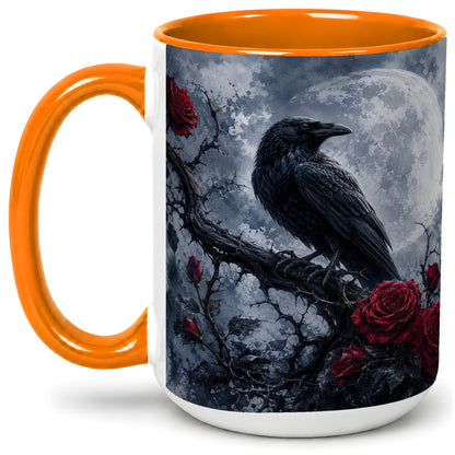 #pl[15oz|Orange] Gothic Raven Rose Ceramic Mug, Full Moon Floral Art for Raven Fans
