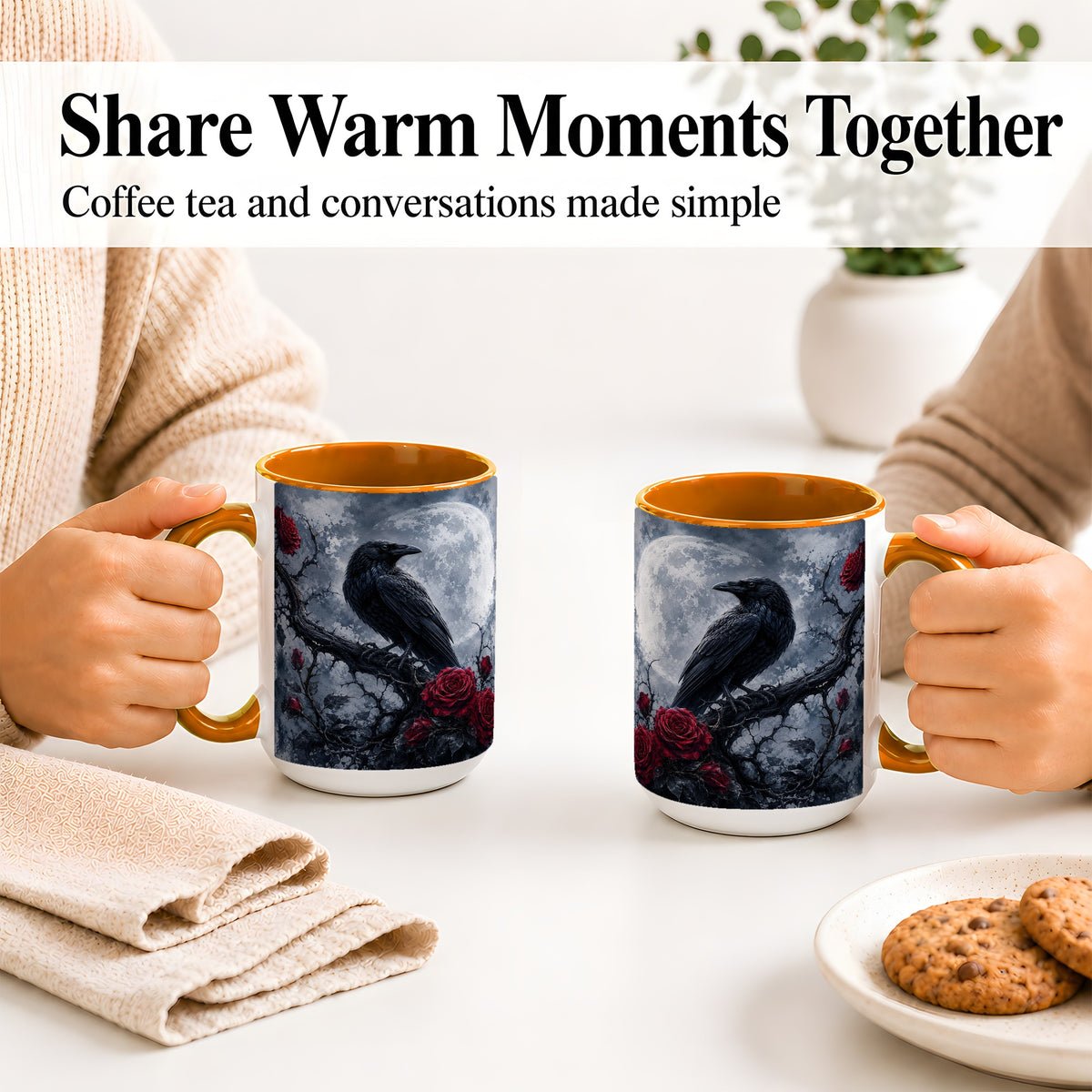 #pl[15oz|Orange] Gothic Raven Rose Ceramic Mug, Full Moon Floral Art for Raven Fans